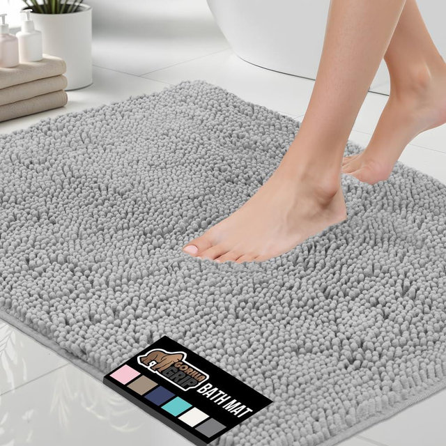 GORILLA GRIP Bath Rug Mat 48x17, Soft Absorbent Chenille, Quick Dry Microfiber Mats, Rubber Backing Washable Shower Floor Rugs, Bathmat Runner, US Designed Bathroom Home Decor Accessories Light Gray