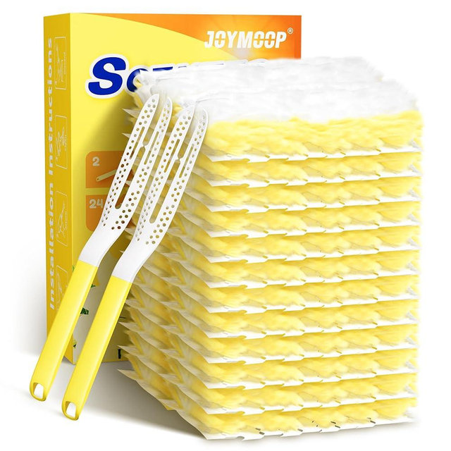 JOYMOOP Disposable Electrostatic Duster for Cleaning,with 2 Handles & 24 Ct Yellow Heavy Duty Refills for Swiffer Feather Duster,Household Cleaning Tool for Electronics,Dusting Furniture,Blinds