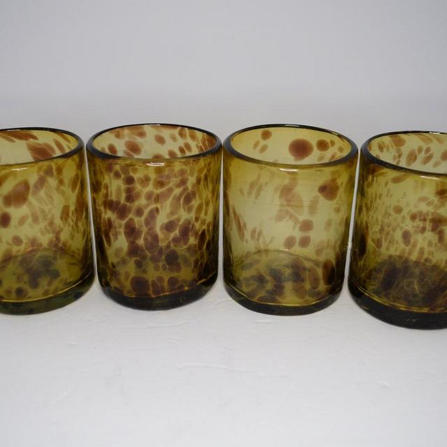 Set of 4 Amber Tortoise Shell Leopard Print Art Deco MCM Drinking 4" Hand Blown Glasses Tumblers