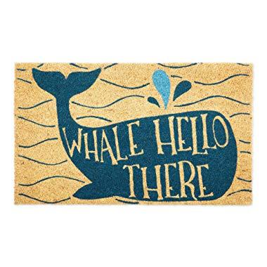 DII CAMZ11135 Indoor/Outdoor Natural Coir Easy Clean PVC Non Slip Backing Entry Way Doormat for Patio, Front, Weather Exterior Doors, 18x30, Whale Hello There
