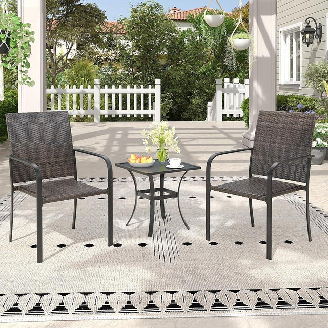 ARKOST 3 Pieces Patio Bistro Sets, 18.1" Small Square Outdoor Table and Wicker Stackable Patio Dining Chairs for Garden Backyard, Black