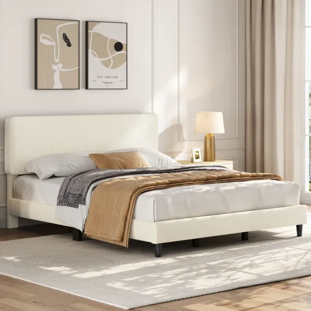 Yaheetech Upholstered Bed Frame with Adjustable Headboard and Mattress Foundation with Wooden Slat Support, Beige