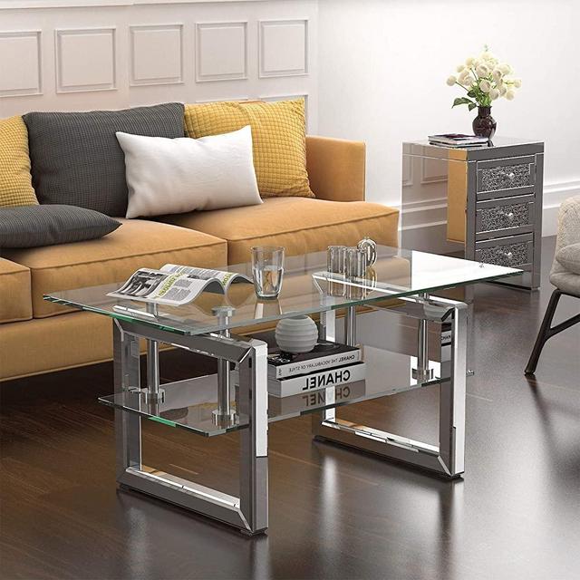 Mecor Mirrored Coffee Table with 2 Tier Glass Boards & Sturdy MDF Legs-Clear Rectangle Glass End Table Coffee Tea Table Ideal for Home Office