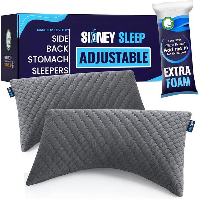 Sidney Sleep Set of 2 Queen Size Bed Pillows for Side and Back Sleepers - Adjustable Filling - Memory Foam Pillows for Neck and Shoulder Pain - Customizable Loft - Extra Foam Included (Grey)