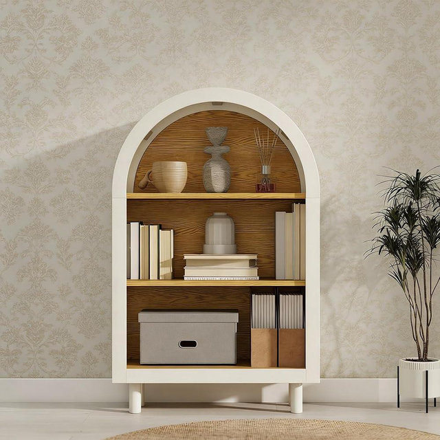 Japovker Book Shelf, 3 Tier Arched Small Bookshelf, 37.4 Inch Wooden Modern Arched Top Bookcases with Open Shelf, Display Shelves for Bedroom, Living Room, Entryway, Oak+White