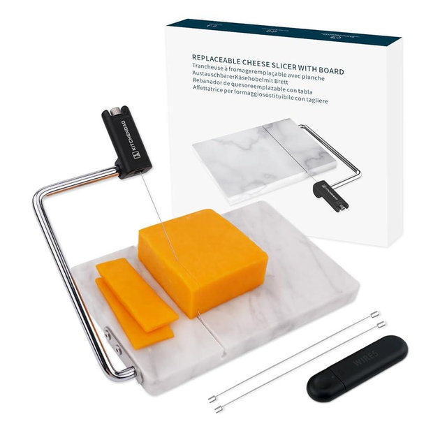 KITCHENDAO Replaceable Wire Cheese Slicer with Board,Tightness Adjustable Cheese Slicer,Marble Cheese Cutter for Block Cheese,Easy to Replace,with 2 Extra Upgrade Strong Wires