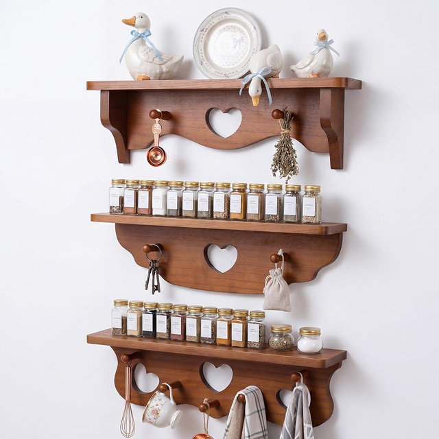 Pinkunn Set of 3 Rustic Wooden Wall Shelves with Heart Cutout and Peg Hooks, Natural Walnut Mounted Storage Display Rack for Entryway Bathroom Bedroom Kitchen Cottage Home Decor