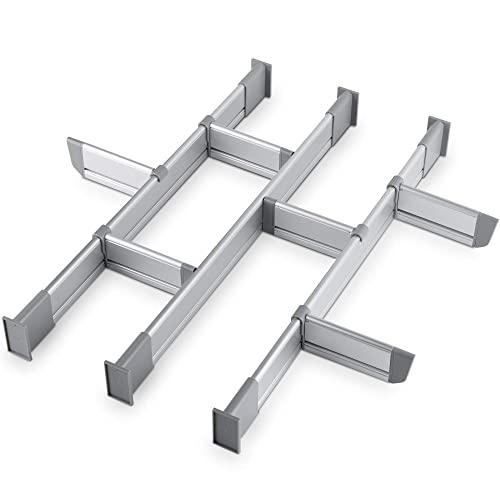 Practical Comfort Adjustable Drawer Organizer | Elegant Aluminum, Customizable, for Clutter-Free Kitchen, Junk Drawer, Office, Clinic | 9 Drawer Dividers (3 Long + 6 Short), Medium 17.5" - 19.7" deep
