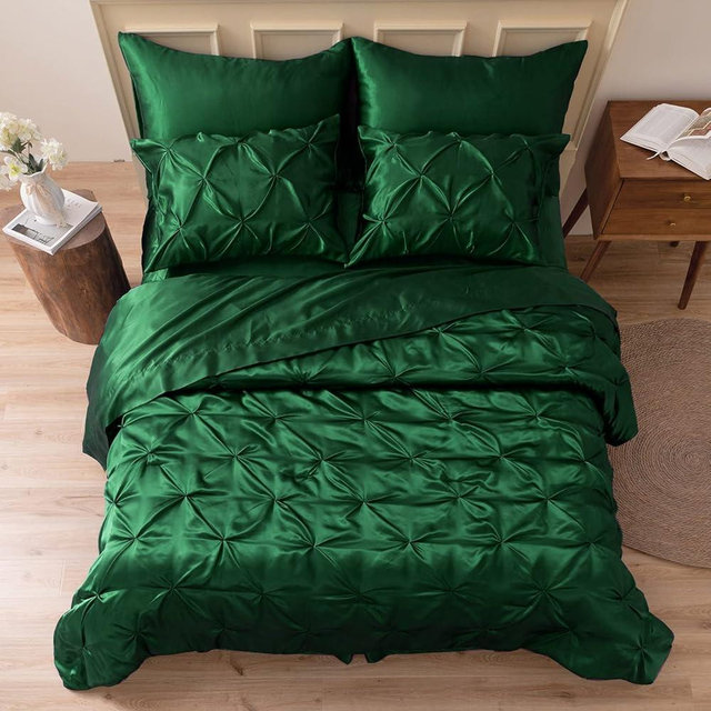 MR&HM Satin Comforter King 7 Pieces - Luxurious Pinch Pleat Bedding Set with Comforter, Flat Sheet, Fitted Sheet, Pillowcases & Shams, Super Silky Soft Bed Set for All Season (King, Dark Green)