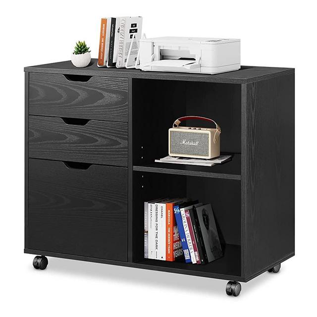 DEVAISE 3-Drawer Wood File Cabinet, Mobile Lateral Filing Cabinet, Printer Stand with Open Storage Shelves for Home Office, Black