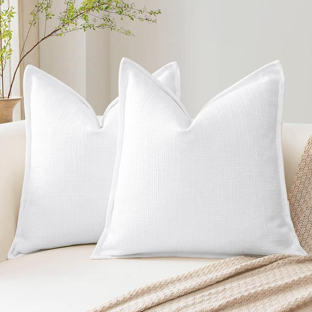 OTOSTAR Pack of 2 White Decorative Pillow Covers 18x18 Inch Soft Linen Texture Couch Throw Pillows Farmhouse Cushion Covers with Elegant Design for Sofa Bedroom Living Room Home Decor 45 x 45 CM