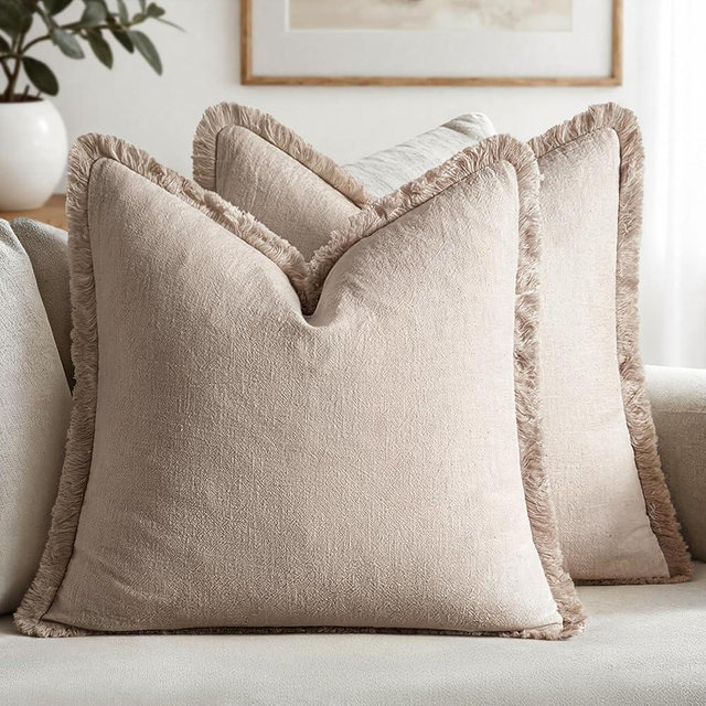 MIULEE Decorative Throw Pillow Covers Neutral Linen Fringe Throw Pillows Set of 2 Natural Linen Boho Farmhouse Cushion Covers with Tassels for Couch Sofa Bed Spring Home Decor 18x18 Inch