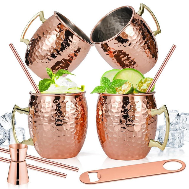 Amrules Moscow Mule Mugs Set of 4, 16 OZ Hammered Copper Cups with 304 Stainless Steel Lining and Gold Brass Handles, Includes Straws, Opener, Jigger, Brush, Fit for Cold Drinks, Bars, Parties
