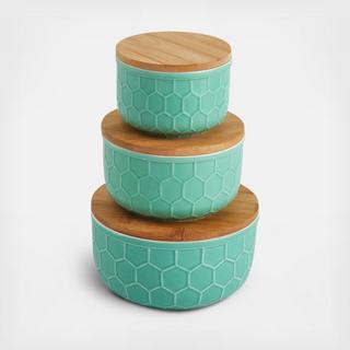 Ceramic Bowl with Bamboo Lid 3-Piece Set