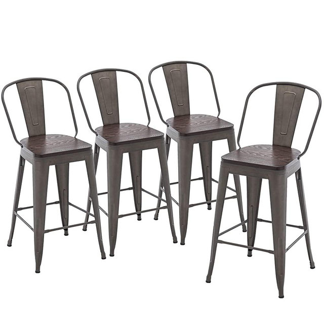 Yongqiang 24" Metal Bar Stools Set of 4 High Back Bar Stools Kitchen Dining Counter Height Chairs with Wooden Seat Rusty
