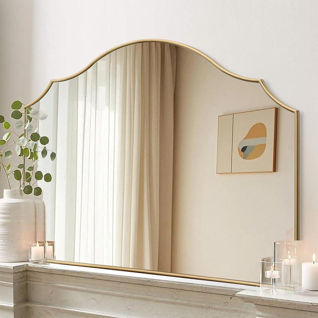 Gold Scalloped Wall Mirror: 40"x29" Large Modern Minimalist Bathroom Mirror - Decorative Vanity Arched Mirrors for Dresser/Entryway/Fireplace/Mantle/Living Room - Home Decor for Housewife