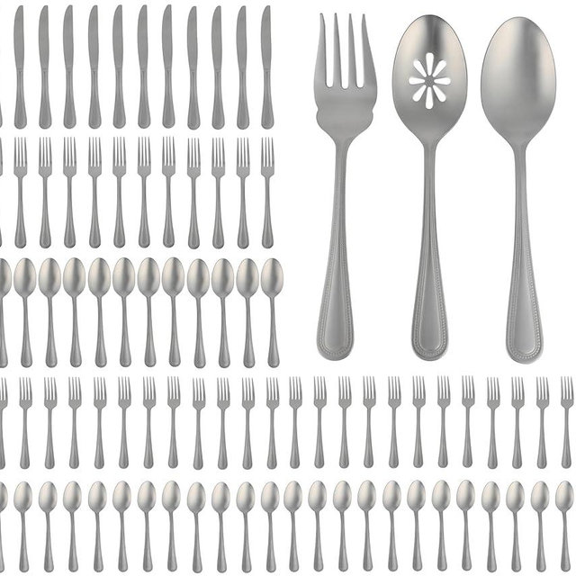 Gibson Home Sinta 87-Piece Stainless Steel Flatware Set with Bead Border Design – Service for 12 Plus Serving Utensils, Polished Silverware, Dishwasher Safe