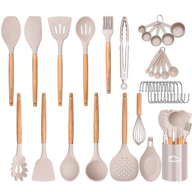 Aybloom 25 PCS Silicone Kitchen Cooking Utensil Set, Woodle Handle BPA Free Non Toxic Non-stick Heat Resistant Silicone Kitchen Gadgets Utensil Set(Khaki 25pcs)
