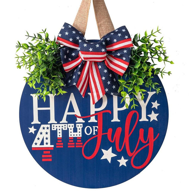 4th of July Hanging Door Sign - Patriotic Wooden Welcome Wreath for Front Door, Memorial Day & Independence Day Decorations - Round Outdoor Door Hanger for Porch, Wall, Window (Color-Happy)