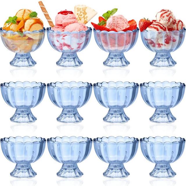 Glass Ice Cream Bowls Set Tulip Clear Glass Bowls 3.4-6.8 oz Footed Small Dessert Bowls Glass Dessert Cups for Dessert Sundae Trifle Fruit Salad Muffins Cake Pudding Cocktail(Clear Blue,12 Pieces)