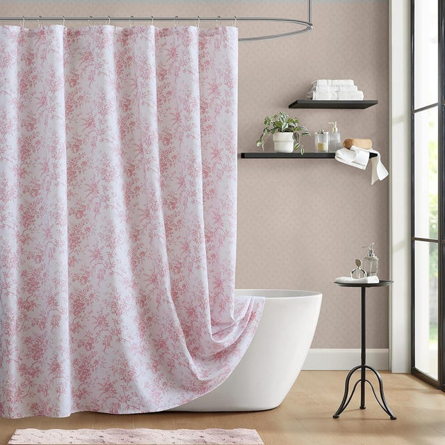 Laura Ashley Walled Garden Shower Curtain, Textured Cotton-Rich Slub Fabric, Tonal Floral Print, Elegant Transitional Bathroom Decor, Machine Washable 72"x84", Pink