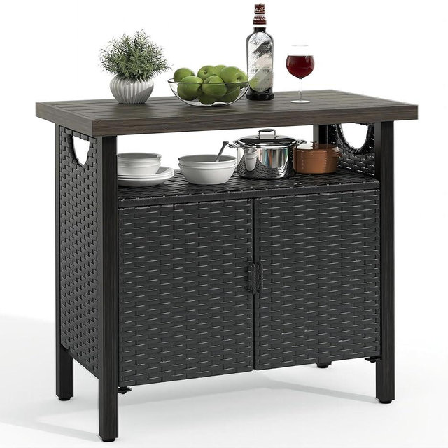 YITAHOME Outdoor Storage Cabinet, Patio Bar Table with Two Doors and Shelves, Weatherproof Wicker Storage Console Table for Outdoor Cushions, Pool Tool and Garden Potting - Black