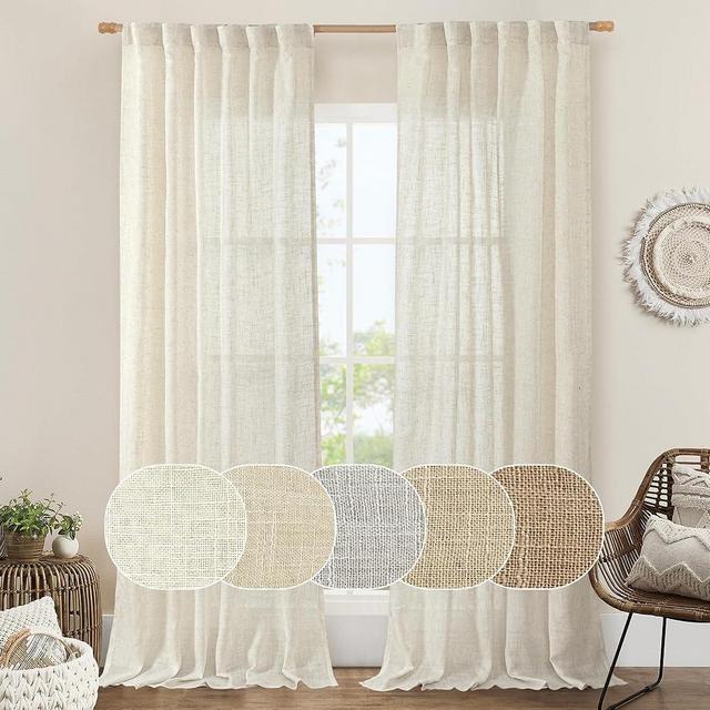 LAMIT Natural Linen Curtains for Living Room 84 inch Length 2 Panels, Ivory Light Filtering Semi Sheer Panels Back Tab and Rod Pocket Burlap Boho Neutral Drapes for Bedroom/Farmhouse, 52 x 84 Inch