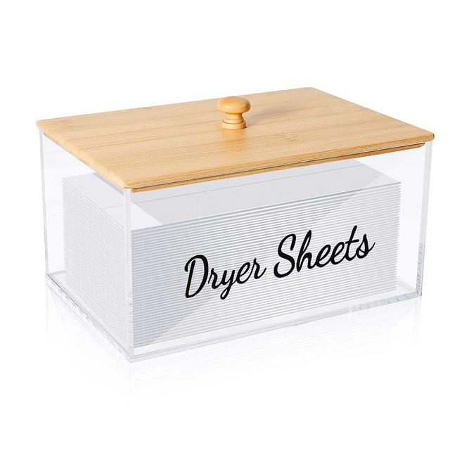 JYPS Acrylic Dryer Sheet Holder with Bamboo Lid for Laundry Room Organization and Storage, Clean Dryer Sheet Detergent Pods Dispenser Box Container with Dryer Sheet Label for Laundry Room Decor