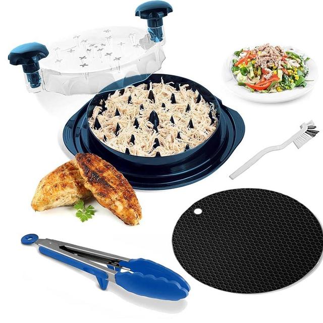 Chicken Shredder Tool Twist | 10" Large Capacity for Chicken Breast, Pulled Pork & Beef | Includes Tongs, Anti-Slip Mat & Cleaning Brush | Ergonomic Handle, Dishwasher-Safe |USA Quality | Blue