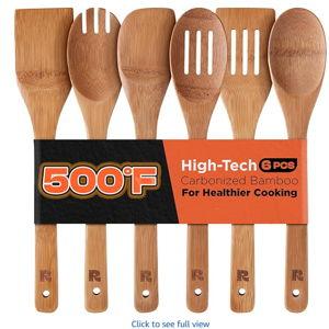 Riveira Dark Bamboo Wooden Spoons for Cooking 6-Piece, Apartment Essentials Wood Spatula Spoon Nonstick Kitchen Utensil Set Premium Quality Housewarming Gifts for Everyday Use