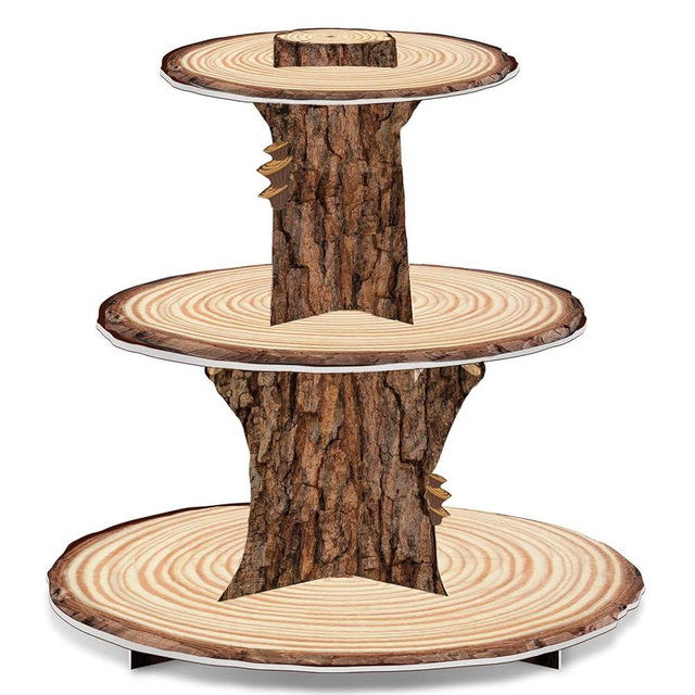 3 Tier Wood Grain Cupcake Stand Decorations for Classic Bear Themed Woodland Safari Baby Shower Decorations Birthday Decorations