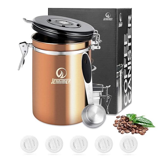 JENNIMER Coffee Canister Airtight Large with 5Pcs Exhaust Valve, Stainless Steel Container Fresher Beans and Grounds for Longer with Date Tracker, CO2-Release Valve and Measuring Scoop (Rose Gold)
