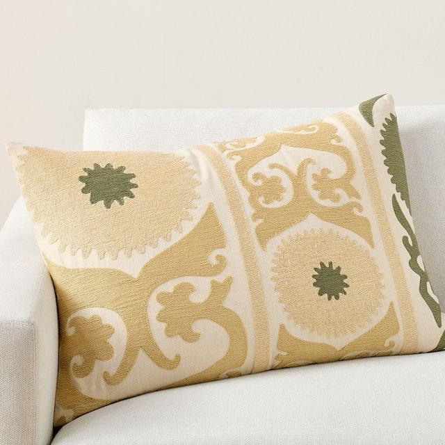Oria Suzani Lumbar Pillow Cover, Straw Multi, 20" x 30"