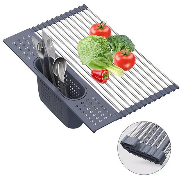 Fixparts Roll Up Dish Drying Rack 17.5"(L) x 11"(W) - SUS304 Multi-Purpose Rack Rollable Stainless Steel Dish Drainer with Utensil Holder for Kitchen Sink