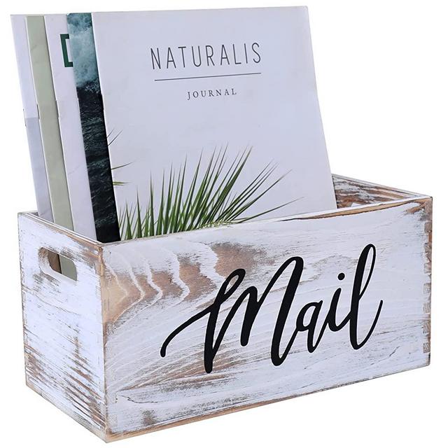 CFYACFY White Mail Organizer,Mail Holder,Countertop Letter Holder,Magazine Basket,Mail Sorter,Rustic Home Decor Torched Wood Crate, Mail Box, Pine Decor Box (White)