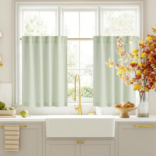 RYB HOME Gingham Cafe Curtains 24 inch Length, Linen Checkered Vintage Farmhouse Plaid Curtains Small Window Treatment for Kitchen Living Room Bathroom Valance, Sage Green, W26 x L24, 2 Panels