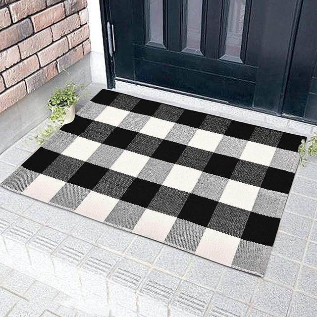 Area Rug Black White and Gray Classic Plaid Runner Rugs Hand Woven Stain Resistant Collection Area Rug Indoor Outdoor Floor Mat for Kitchen Entryway Laundry Bedroom Bathroom Sitting Room Carpet