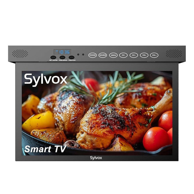SYLVOX 15.6" Flip Down Smart TV Under Cabinet Google TV Supports 360 Degree Rotation WiFi & Wireless Connection, Storage Design for Kitchen Bedroom RV Yacht (Classic Black)