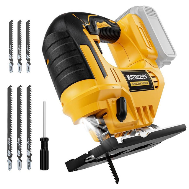 Jig Saw Compatible With Dewalt 20v Max Battery, NATBEESY Brushless Cordless jig saw tool, LED Work Light, 45° Beveled Cuts, Variable Speed 2900RPM, 3 Orbital Action, 6 Blades for Cutting (NOT Battery)