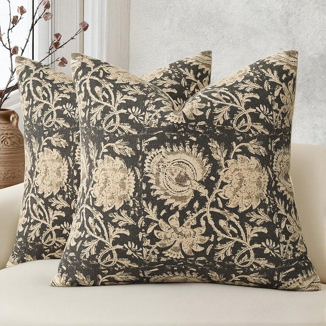 DKwizme Vintage Floral Print Throw Pillow Covers 26x26 Set of 2 Neutral Modern Farmhouse Accent Decorative Cushion Covers Boho Home Decor for Couch Sofa Chair Bed Living Room, Black