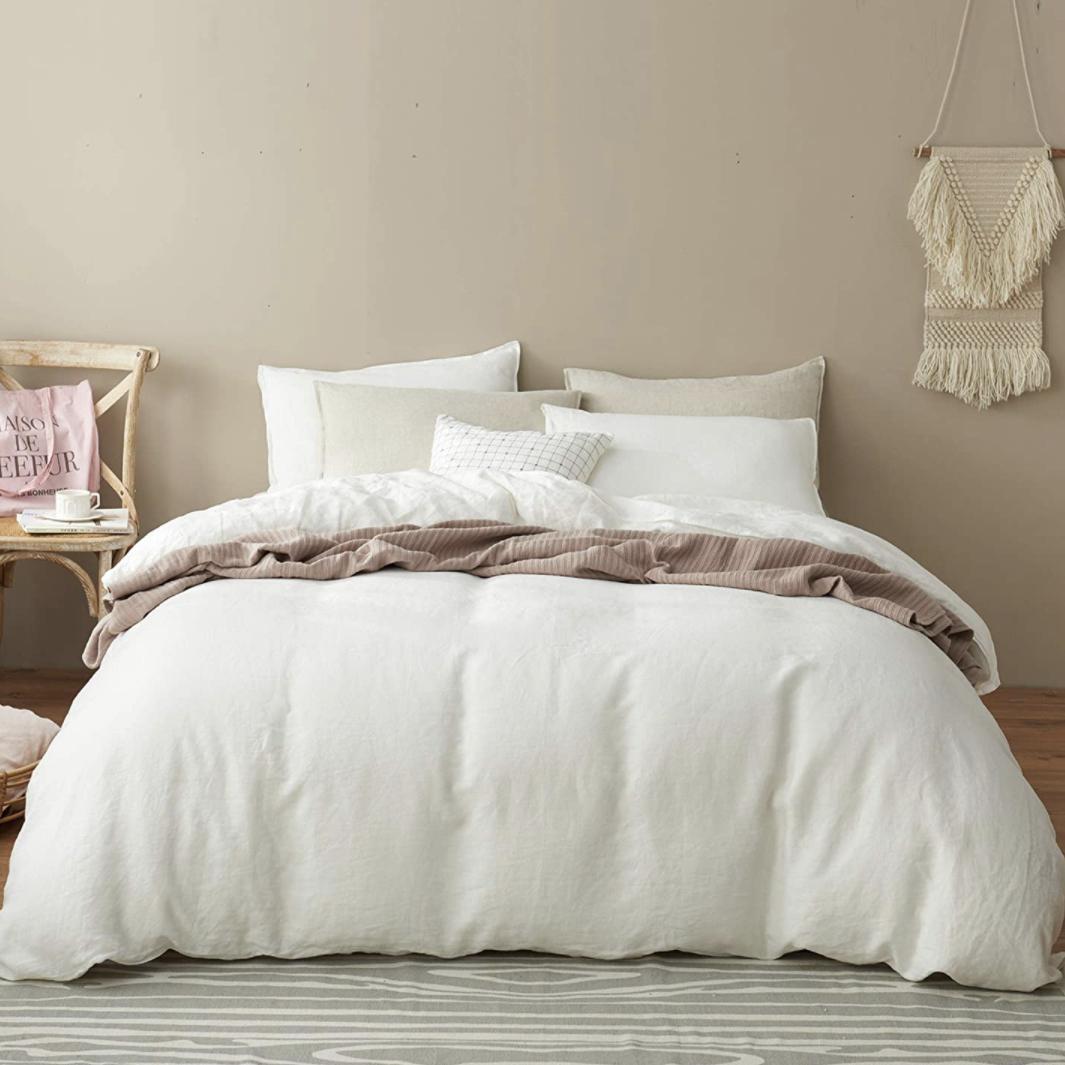 DAPU Pure Stone Washed Linen Duvet Cover 100% European Flax（Full/Queen, Off White, Duvet Cover and 2 Pillowcases