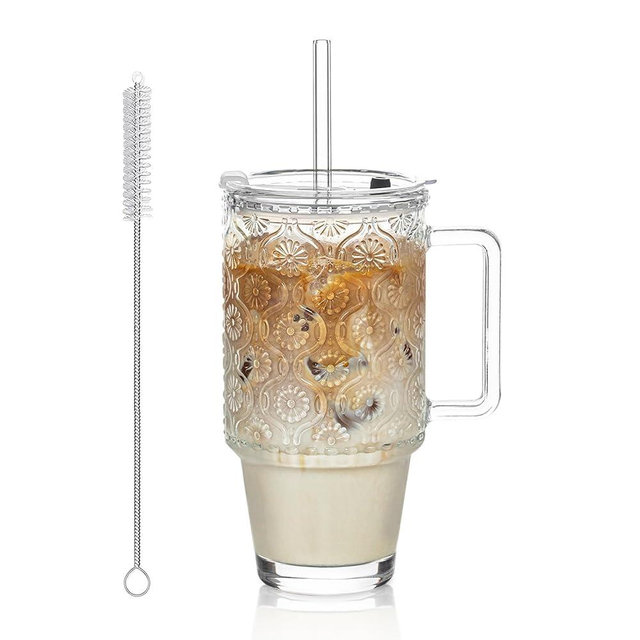 KEMORELA 24 Oz Glass Tumbler with Straw and Lid, Iced Coffee Cups with Lids, Smoothie Cup with Handle, Begonia Pattern Glassware for Cold Drinks, Reusable Tumbler for Beverages (1)