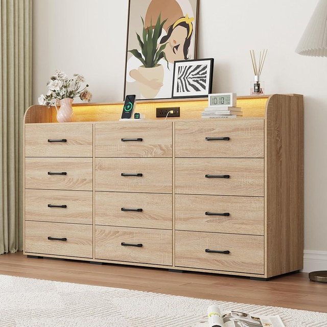 12 Drawers Dresser for Bedroom, 63" Wood Dresser with Power Outlet, LED Lights and Deep Drawers, Wide Chest of Drawers, Modern Minimalist Closet Dressers for Kids Bedroom, Living Room, Nursery, Oak