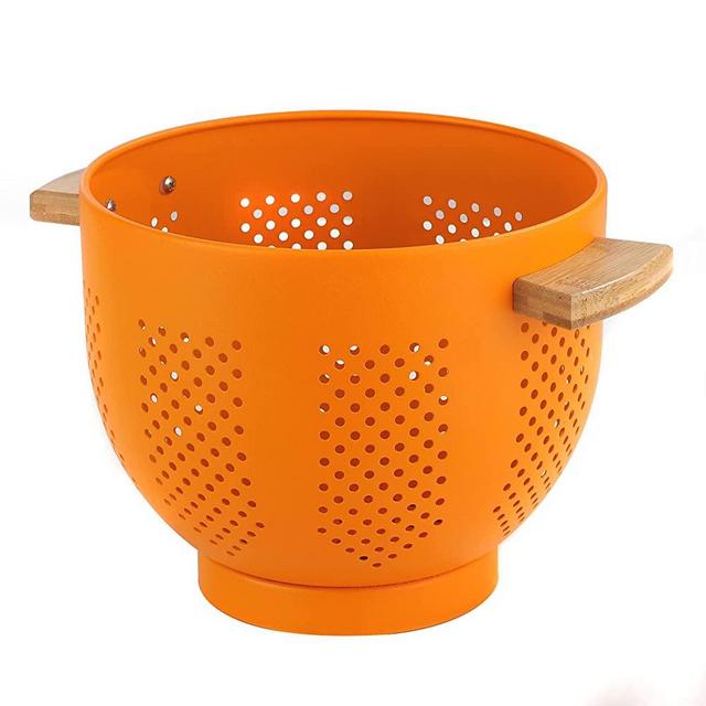Metal Colander with Wood Handle, 5.5 Quart Powder Coated Steel Large Kitchen Strainer Stable Base,Matte Orange