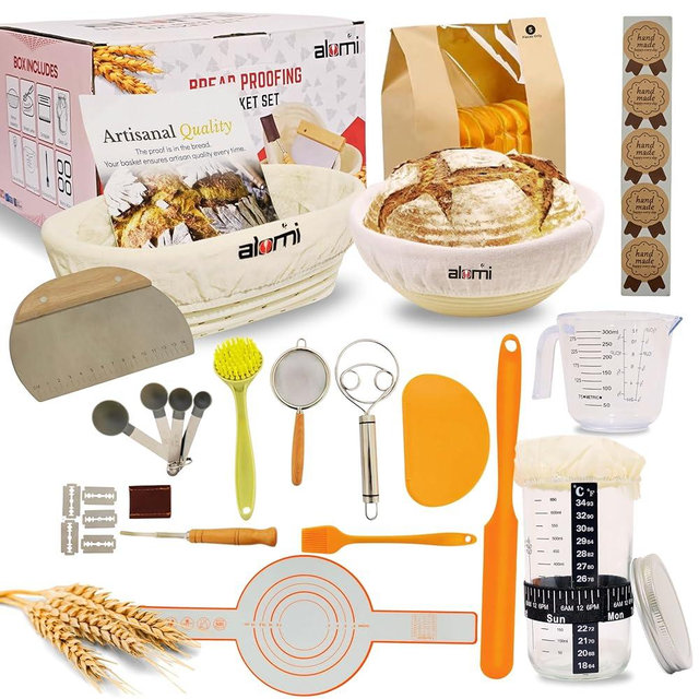 Sourdough Starter Kit, Banneton Bread Proofing Basket & Sourdough Bread Baking Supplies, 32 PCS sourdough kit with Glass Starter Jar and measuring cup, Whisks & Scrapers, Gift for Bakers and Beginners