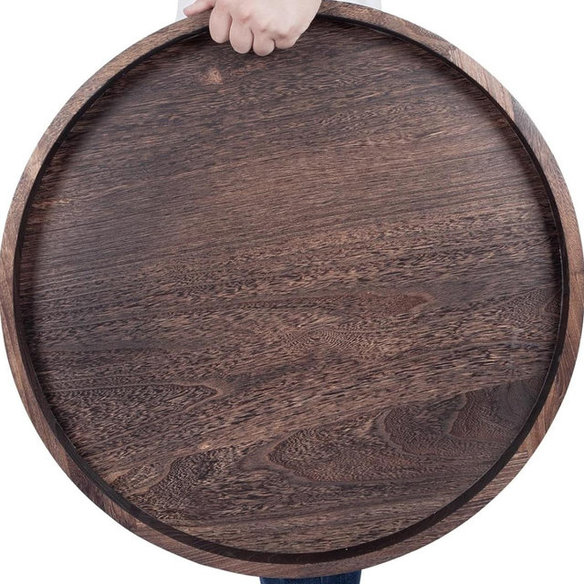 Round Ottoman Tray for Coffee Table Living Room Wood Serving Tray Large Wooden 24 Inches Rustic Brown