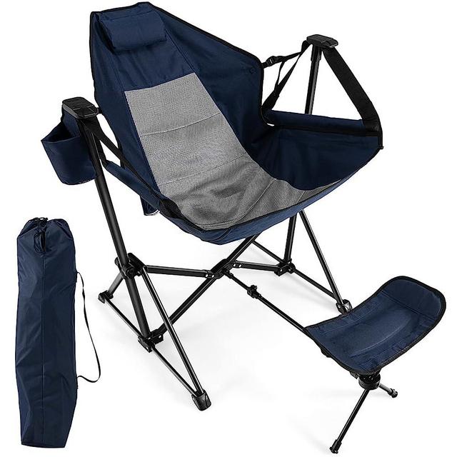 Giantex Outdoor Hammock Camping Chair - Rocking Chair with Removable Footrest, Adjustable Backrest, Pillow, Cup Holder, Storage Bag, Portable Fishing Chair for Poolside Patio Folding Chair (1, Navy)