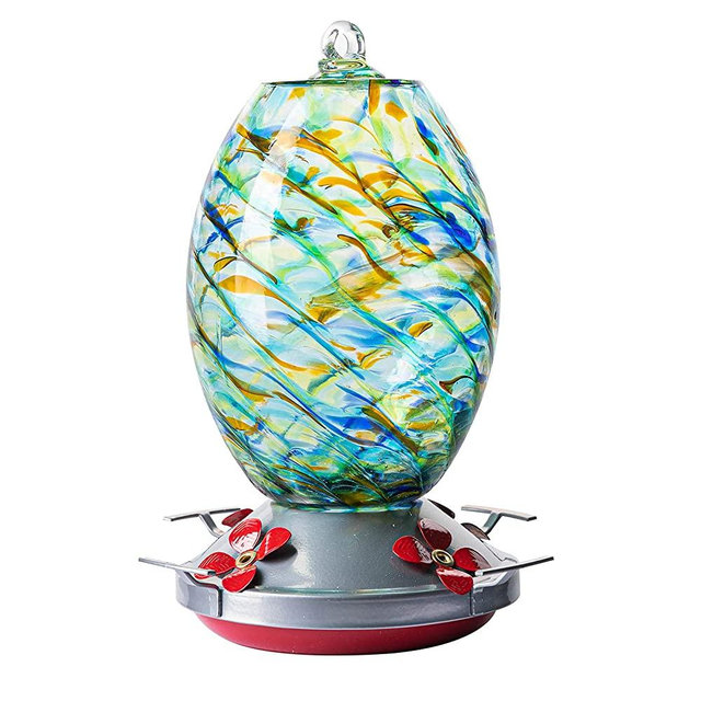 Muse Garden Hummingbird Feeder for Outdoors, Hand Blown Glass, 25 Ounces, Ant Moat Included, Beach Mermaid