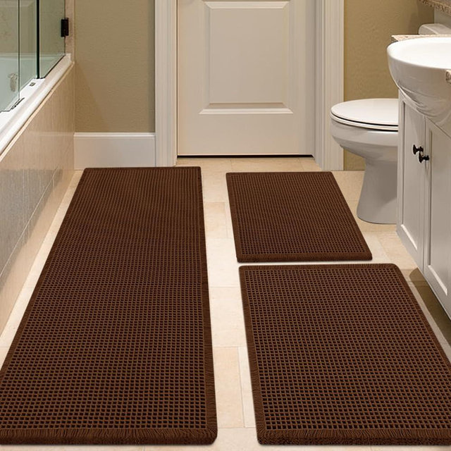 IM HOME Waffle Bath Mat Set 3 Piece Brown,Woven Modern Bath Rug Mats, Absorbent Non Slip Bath Floor Mat, Soft Washable Boho Bath Rugs with Tassels for Bathroom, Bedroom, Kitchen,Tub