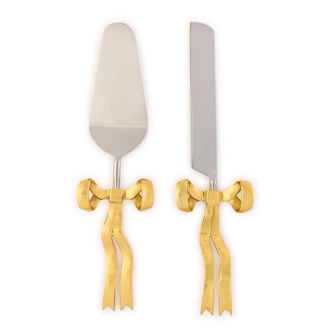 Two's Company Bow Appetit Cake Server Set, 12-Inch, Stainless Steel, Gold, Set of 2